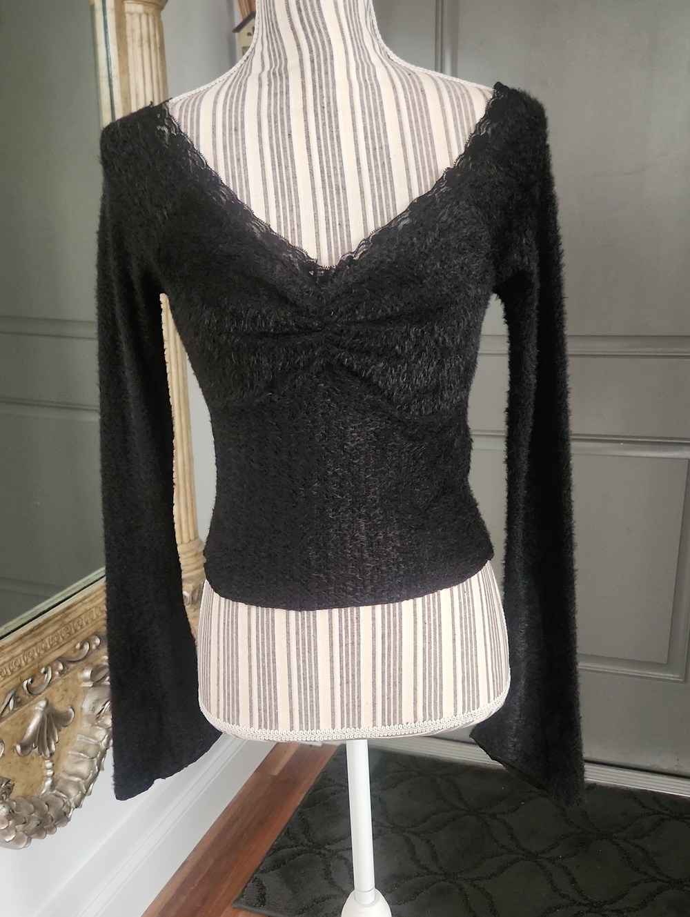 Hyfve Black V-Neck Fuzzy Knit Women's Sweater